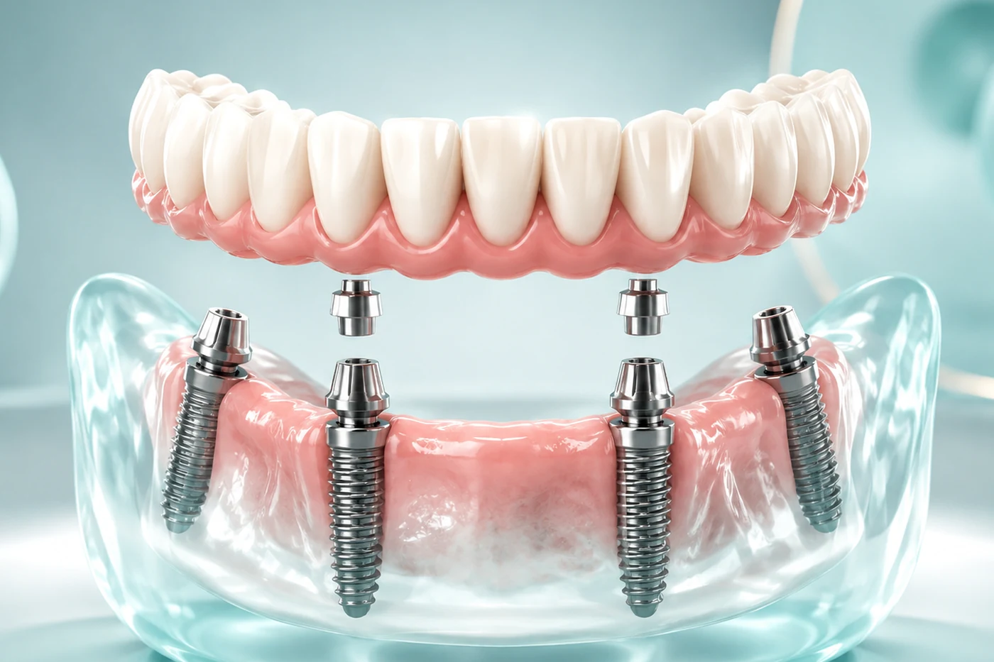 Dentist explaining same-day dental implants, temporary fixed teeth and the final full-arch bridge to a patient during treatment planning in Turkey.