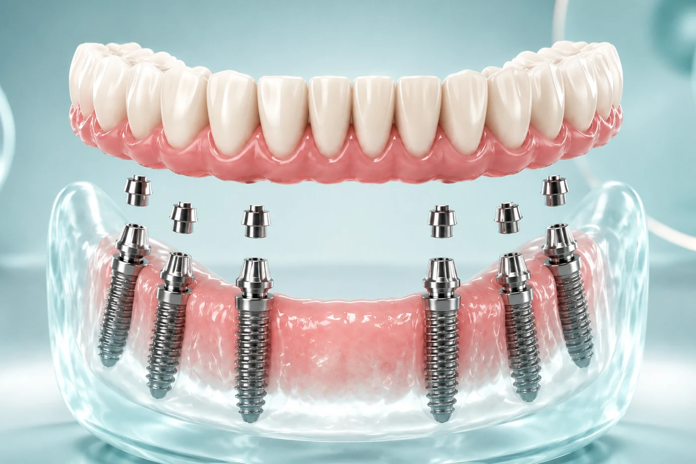 Dentist comparing All-on-4 and All-on-6 full-arch implant options with a patient using implant models and dental imaging during treatment planning.