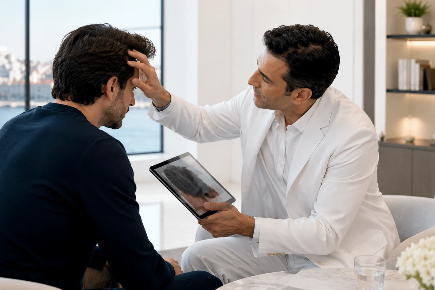Beard transplant specialist reviewing recovery stages with a patient, showing early redness, crusting, temporary shedding and beard growth from the first days to 12 months.
