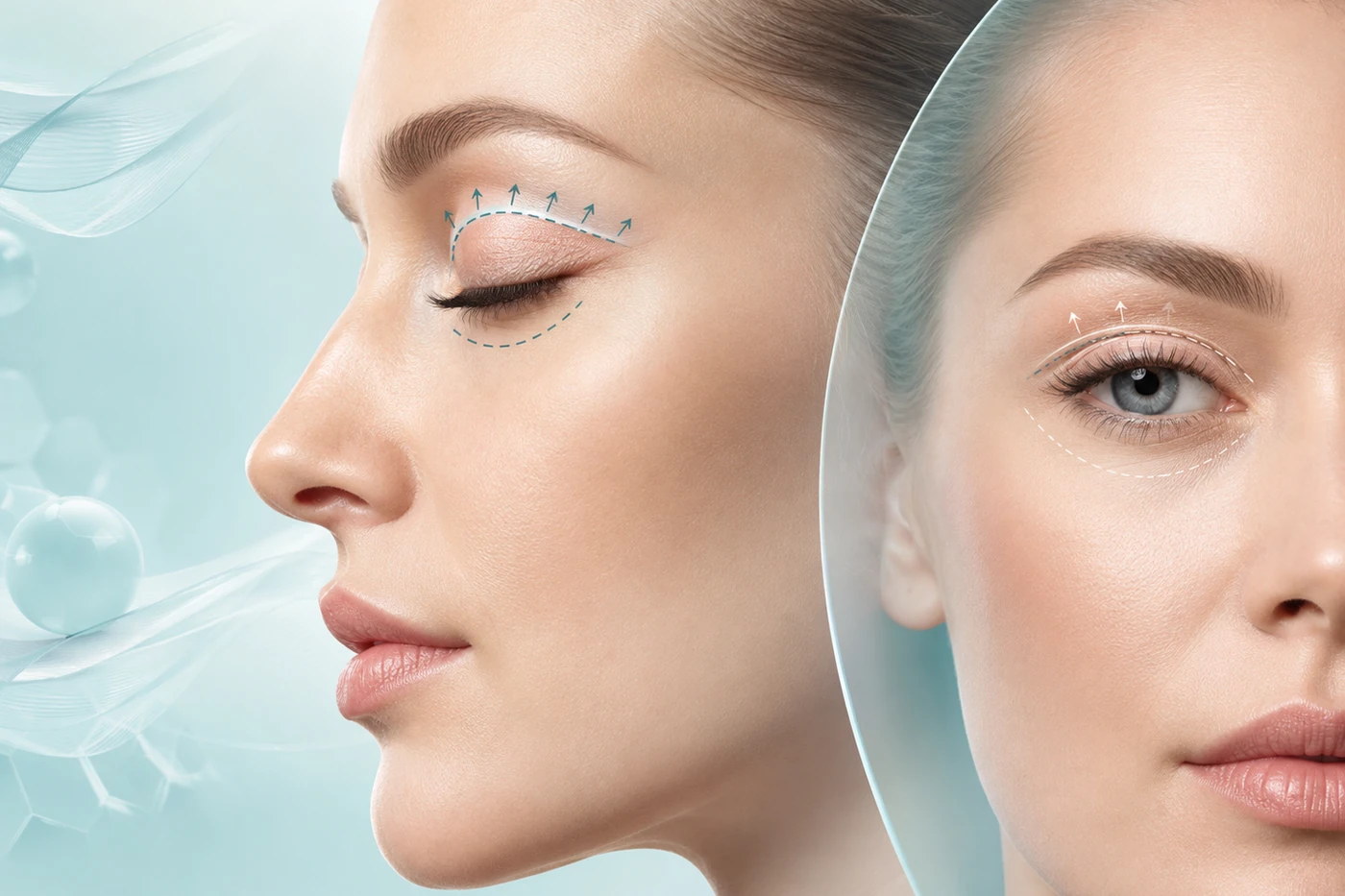 Blepharoplasty patient discussing eyelid recovery and safe flying time with a surgeon, including swelling, follow-up and travel precautions.