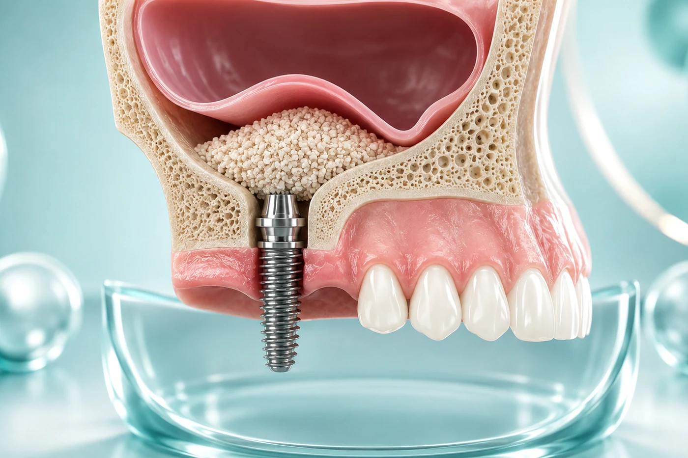 Dentist explaining bone grafting, sinus lift and staged dental implant treatment to a patient using 3D jaw scans and implant models in Turkey.
