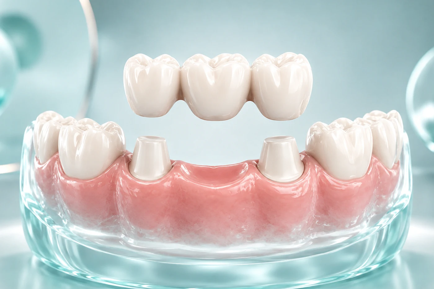 Patient comparing a dental implant and traditional dental bridge with a dentist using tooth models to discuss missing-tooth replacement options.