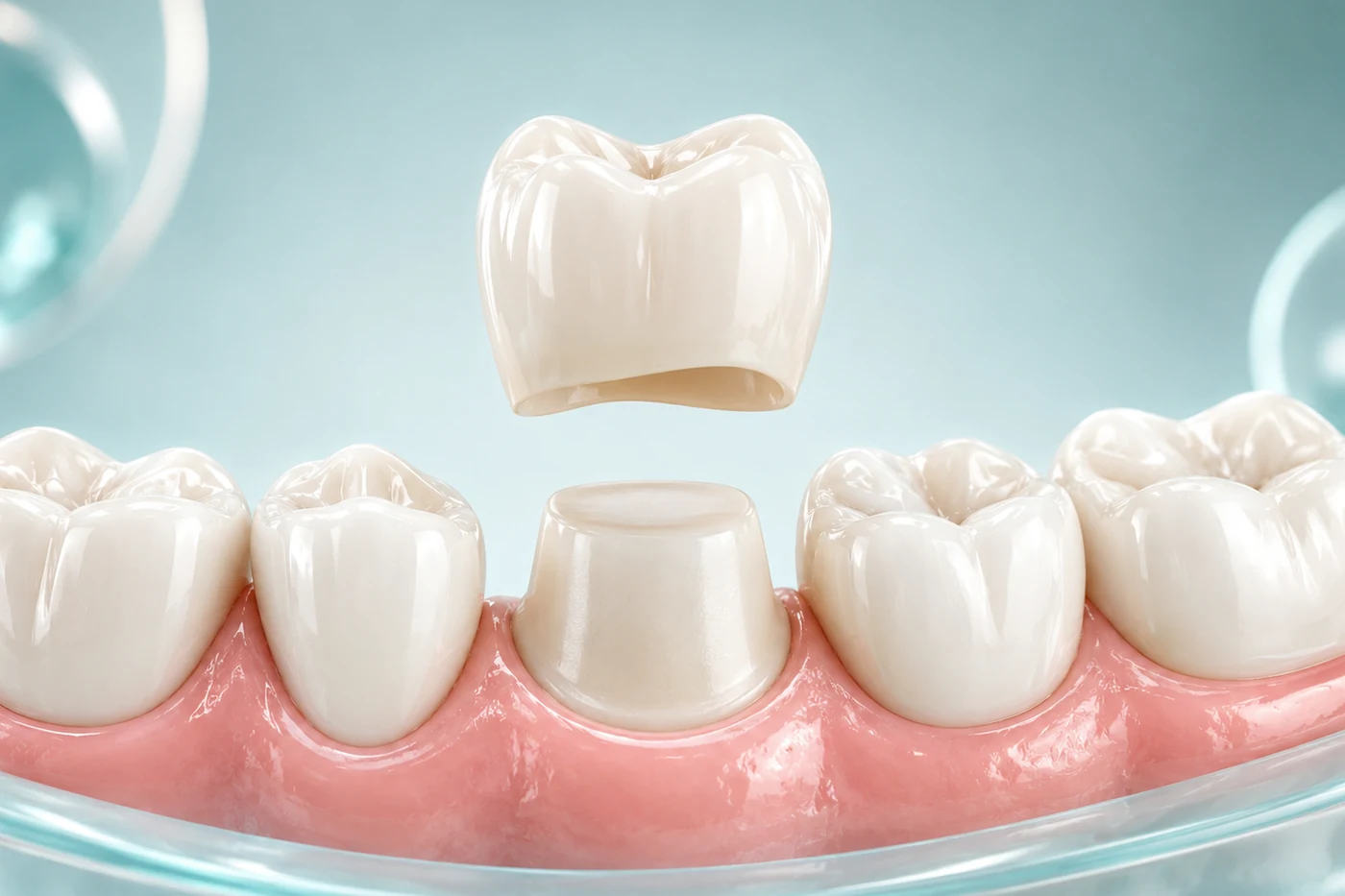 Dentist comparing zirconia and Emax crowns with a patient, highlighting differences in strength, translucency and suitability for front and back teeth.