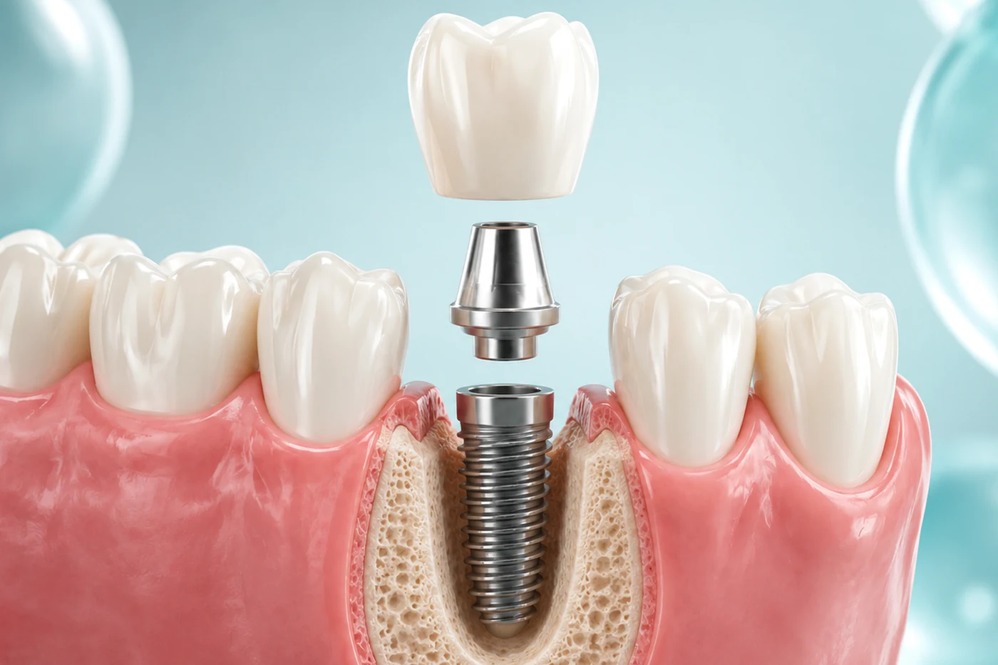 Patient with missing teeth discussing dental implants, bridges, partial dentures and full-arch replacement options with a dentist in Turkey.