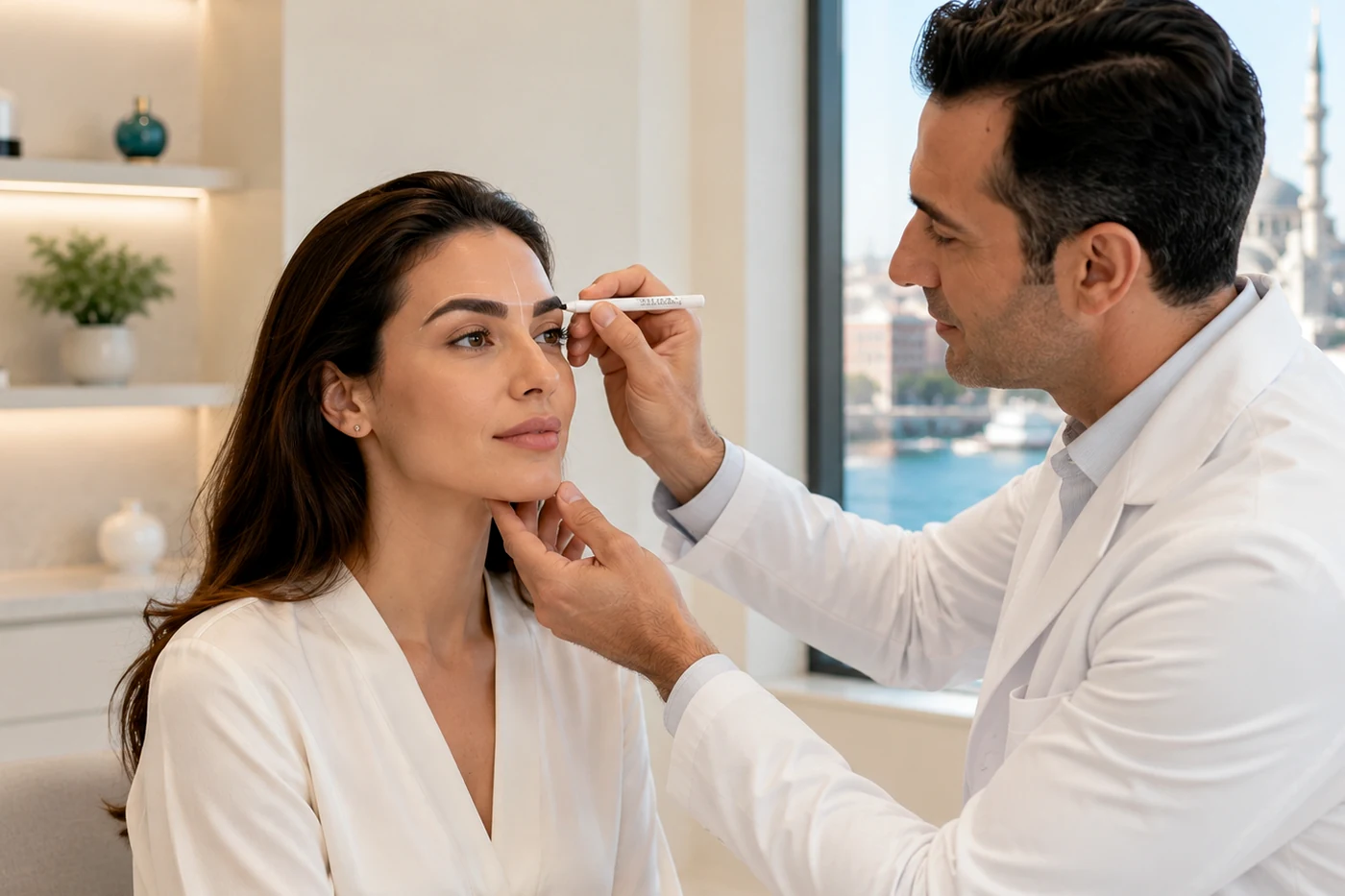 Patient reviewing eyebrow transplant recovery with a specialist, including early redness and crusting, temporary shedding and gradual eyebrow regrowth over several months.