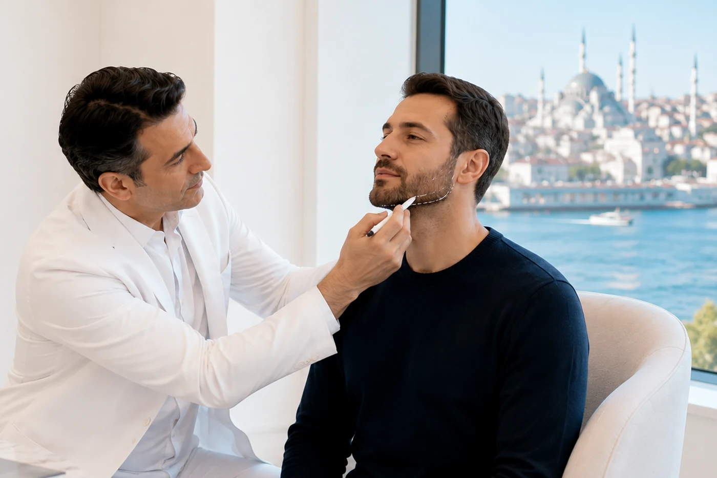 Facelift patient discussing recovery and safe flying time with a plastic surgeon, including swelling, mobility, hydration and fit-to-fly guidance.