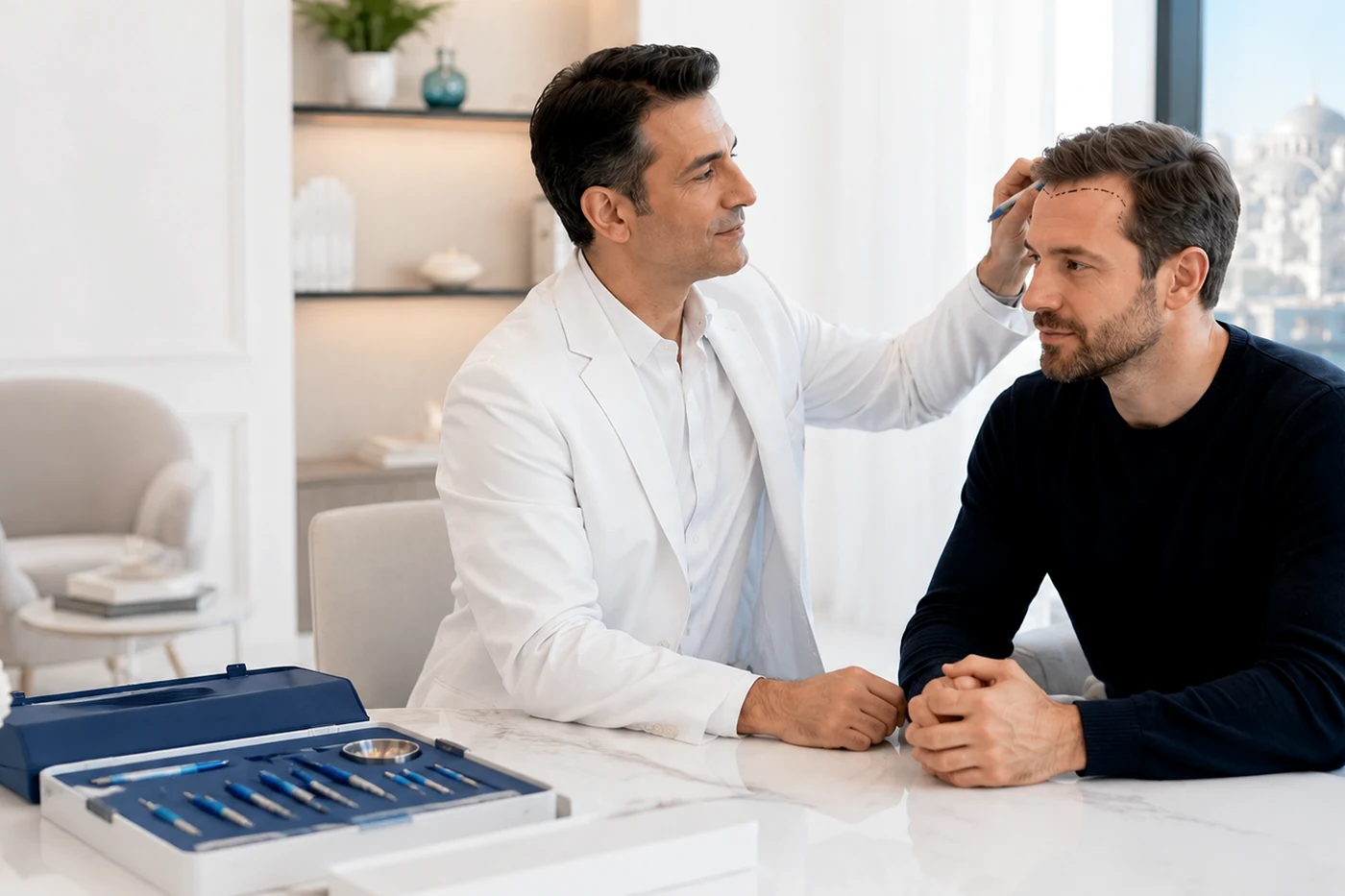 Female patient discussing hair loss, donor area assessment, no-shave FUE options and natural hair restoration results with a specialist.