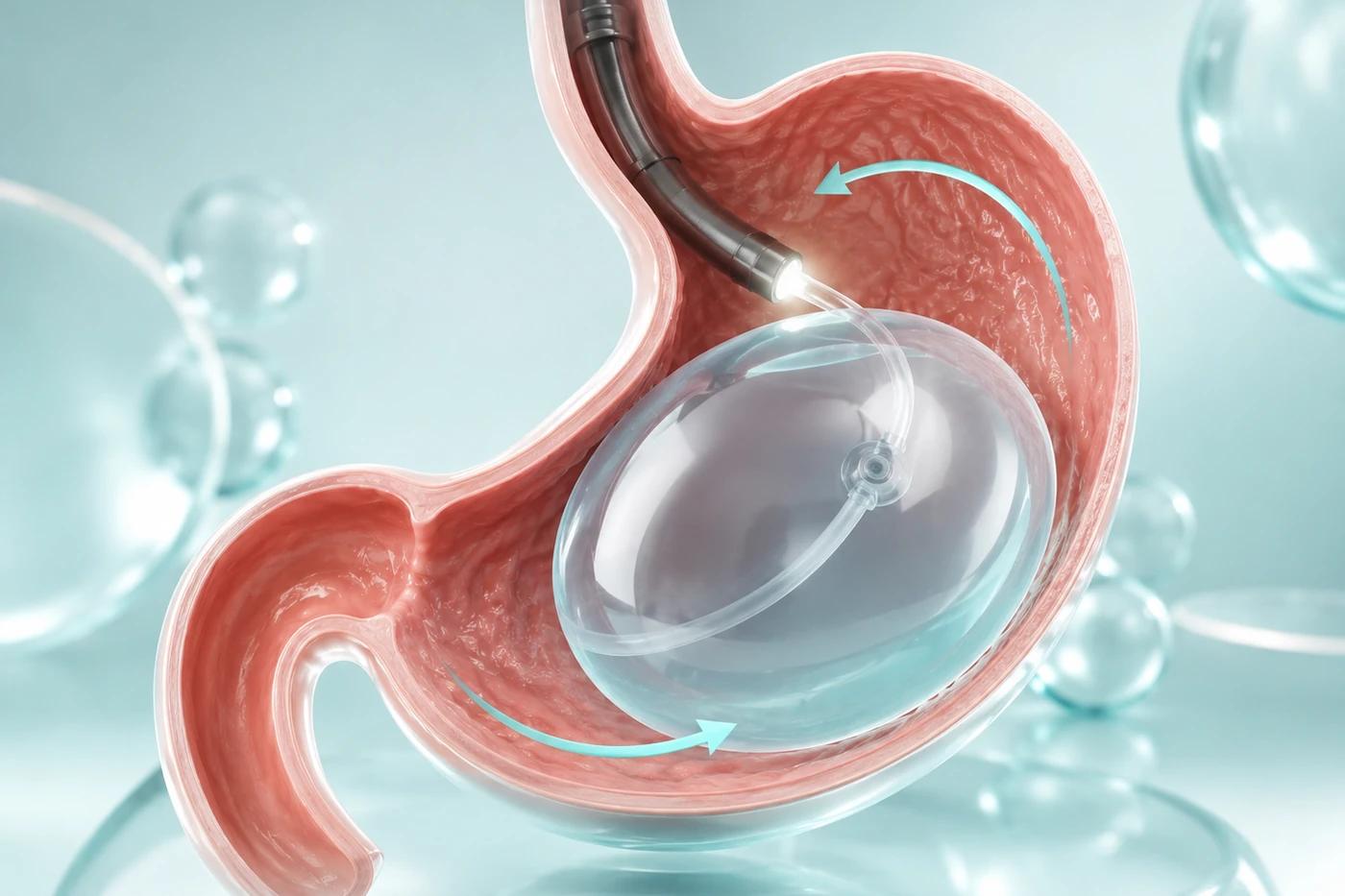Patient comparing gastric balloon and gastric sleeve treatment with a bariatric specialist, using stomach models to discuss procedure type, recovery and expected weight loss.