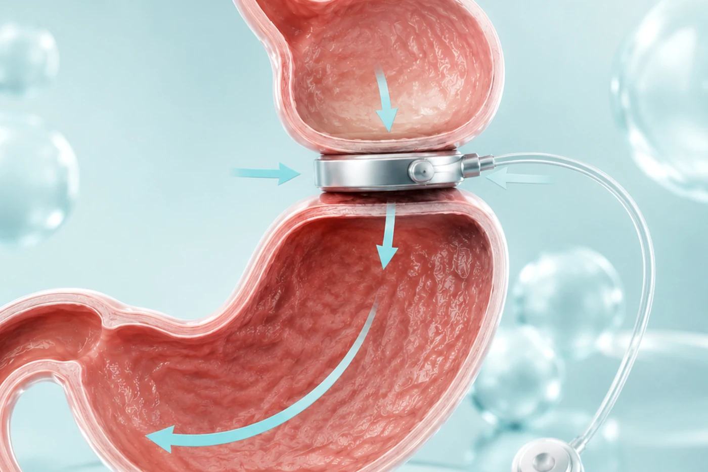 Patient discussing gastric band removal and possible conversion to sleeve gastrectomy or gastric bypass with a bariatric surgeon using anatomical stomach models.