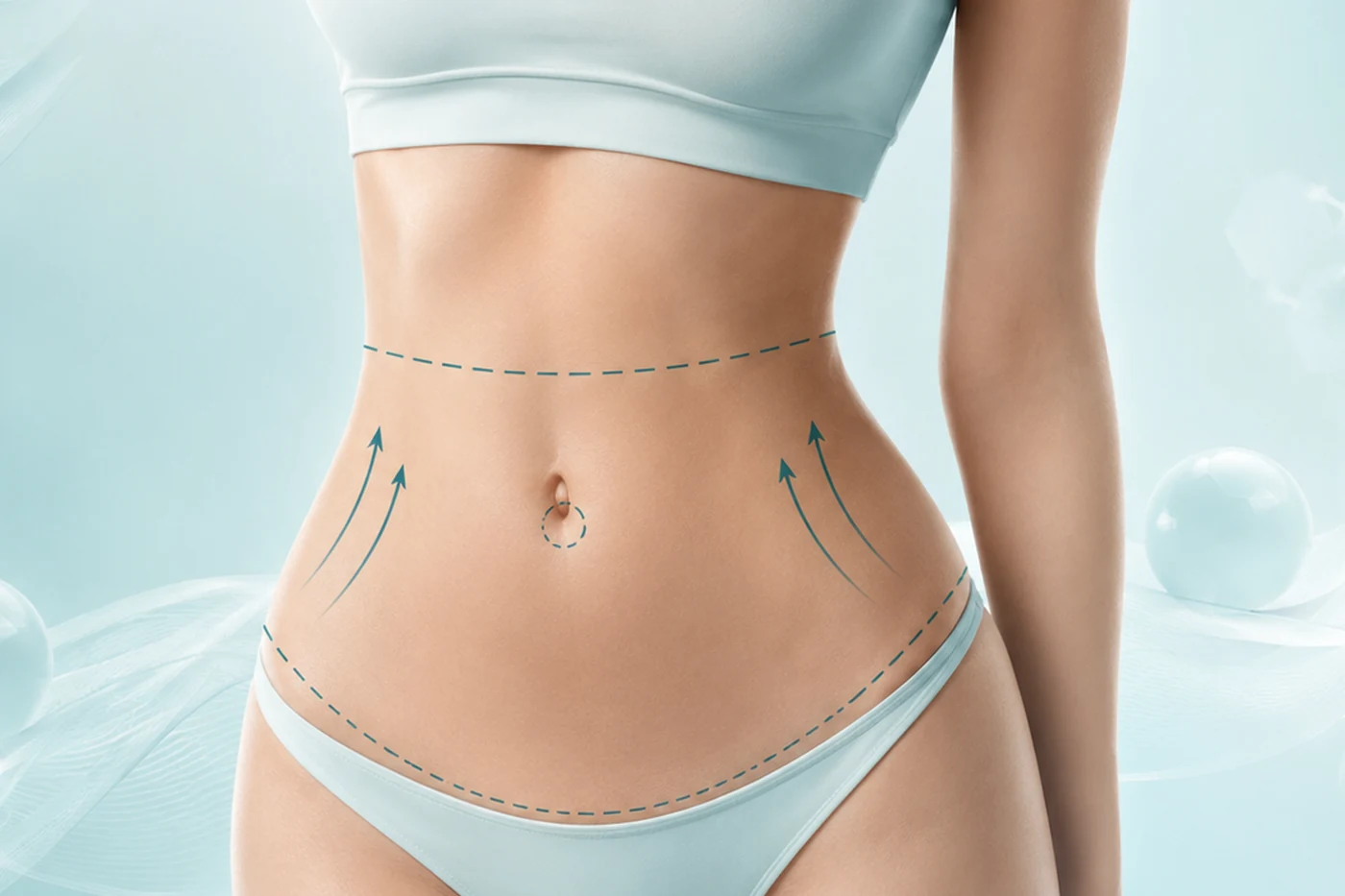 Post-liposuction patient wearing a compression garment while a plastic surgeon checks proper fit, pressure and recovery instructions during follow-up.