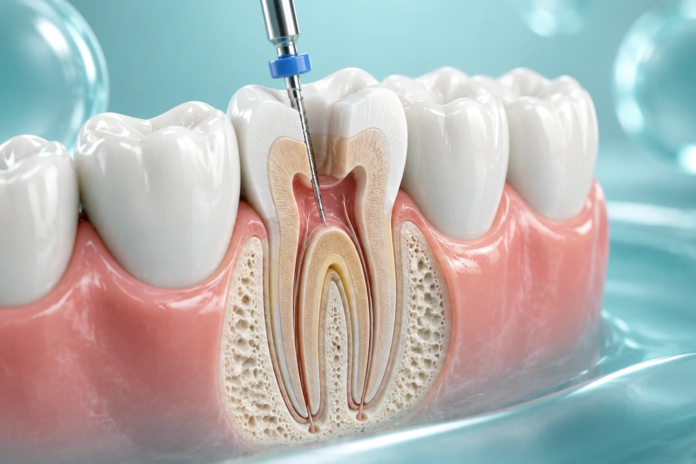 Patient discussing root canal treatment and crown restoration with a dentist in Turkey while reviewing dental X-rays and tooth models.