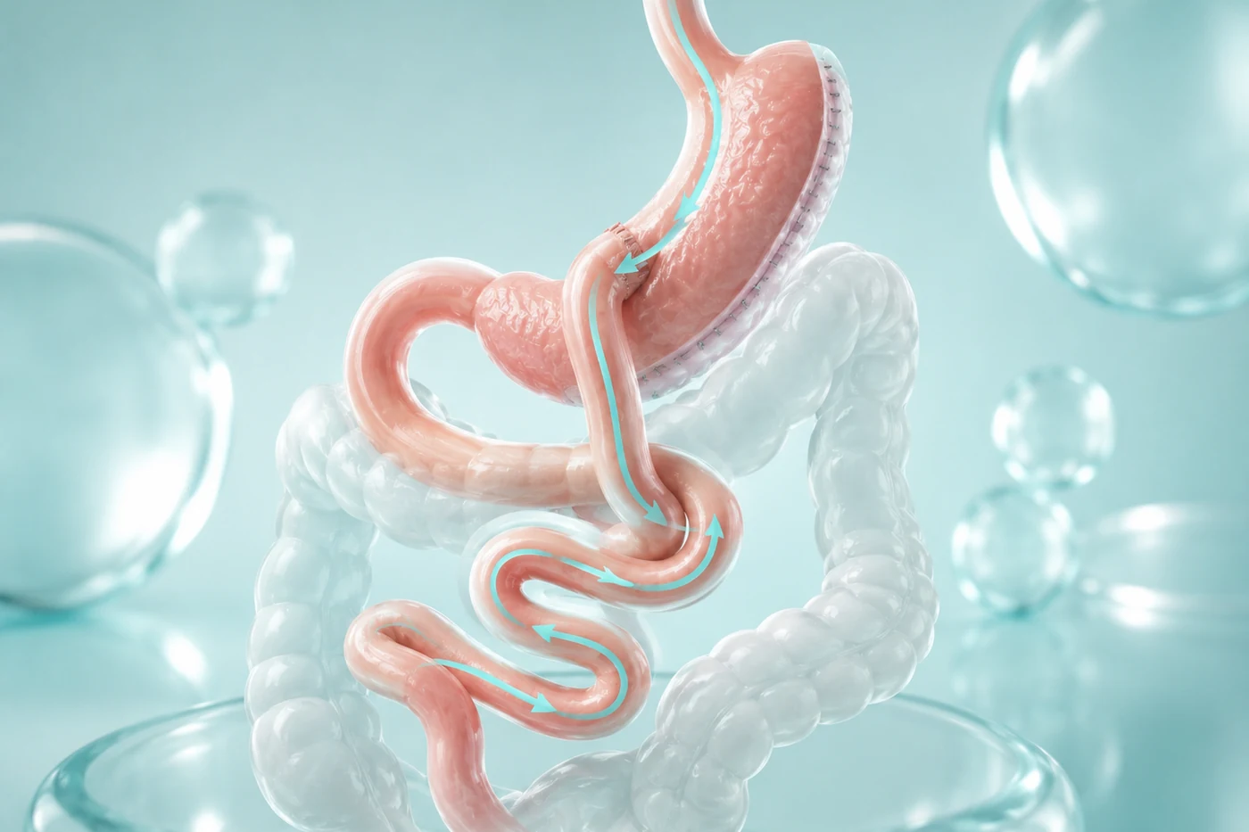 Patient comparing gastric sleeve and gastric bypass with a bariatric surgeon using anatomical models to discuss weight loss, reflux, nutrition and long-term treatment differences.
