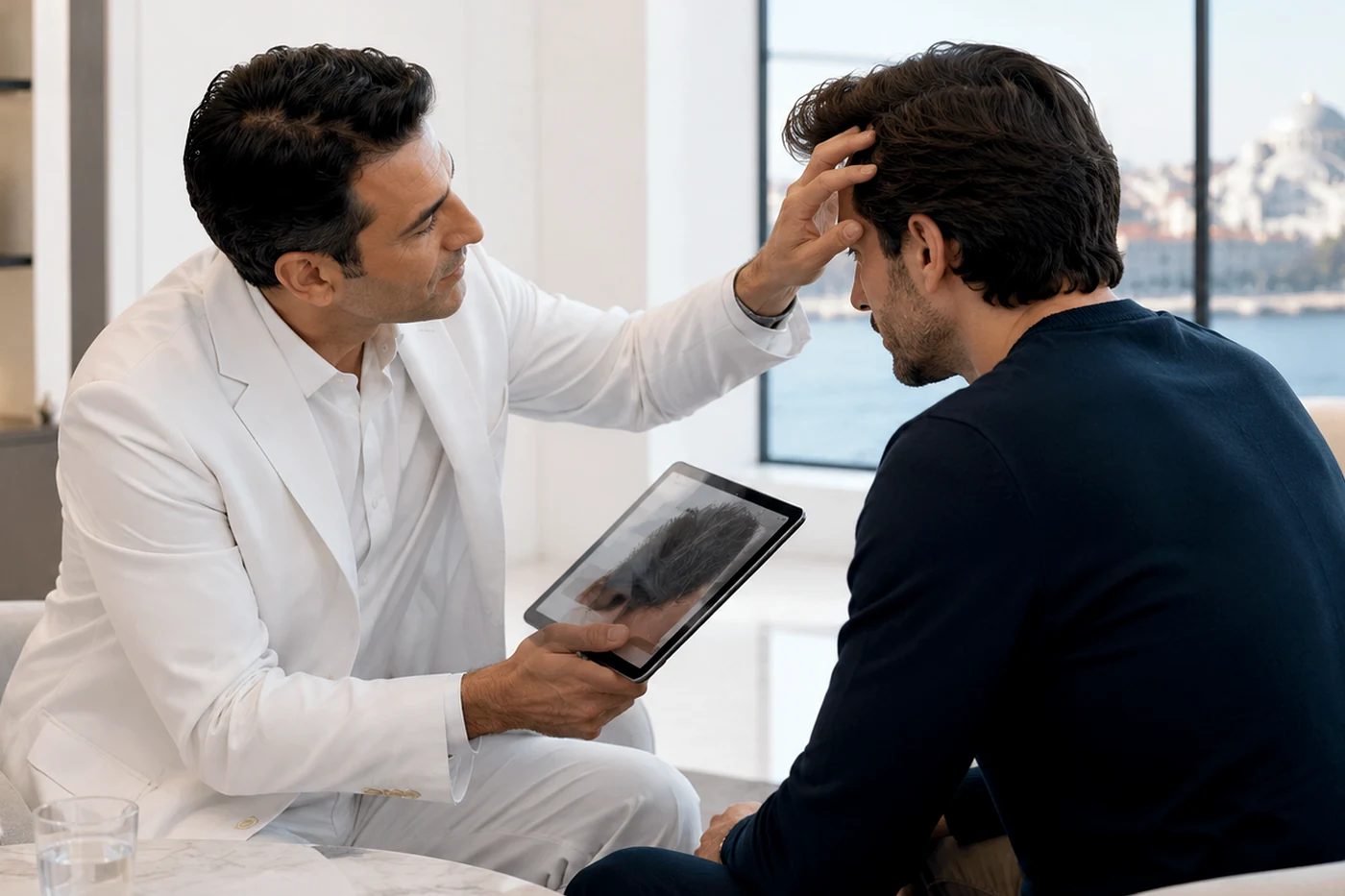 Patient discussing unshaven FUE hair transplant with a specialist while comparing shaved, pretrimmed and long-hair donor techniques and follicle extraction planning.