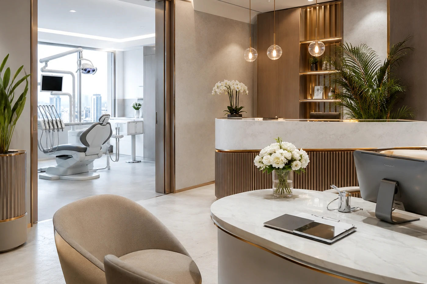 Patient discussing dental implants and treatment planning with a dentist in a modern clinic while reviewing dental X-rays and implant models.